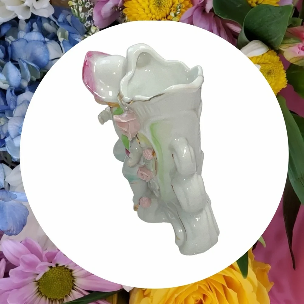 Vintage or Antique Mojae Porcelain Vase w Man & Roses 4.5” Tall Made in China